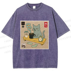 Unisex Japanese Cat Wants Fish Printed Washed Tee