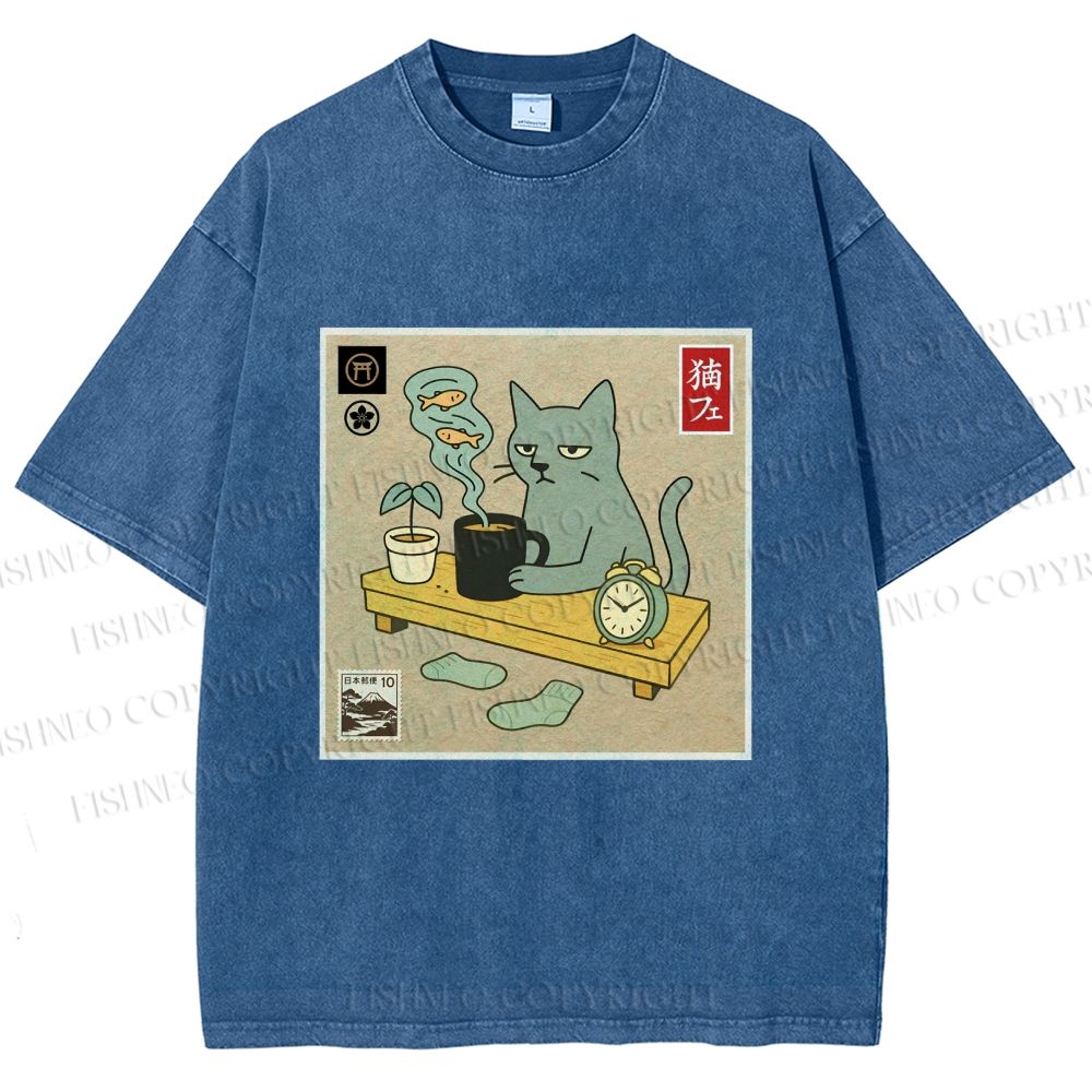 Unisex Japanese Cat Wants Fish Printed Washed Tee