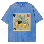 Unisex Japanese Cat Wants Fish Printed Washed Tee