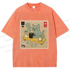 Unisex Japanese Cat Wants Fish Printed Washed Tee