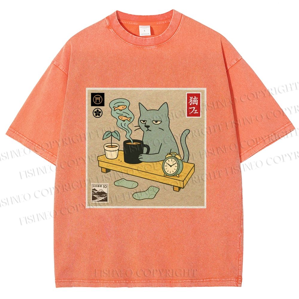 Unisex Japanese Cat Wants Fish Printed Washed Tee