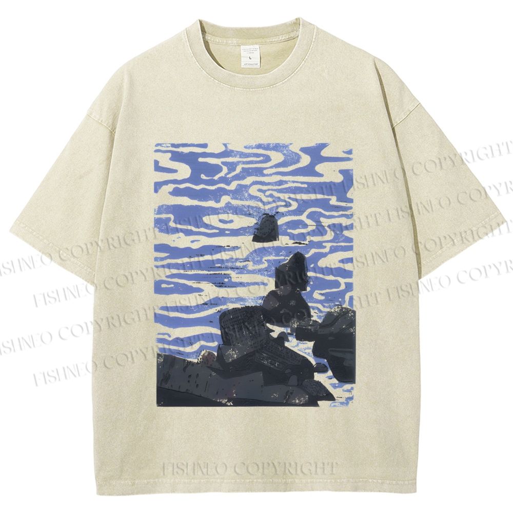 Unisex Sea Wave Printed Washed Tee
