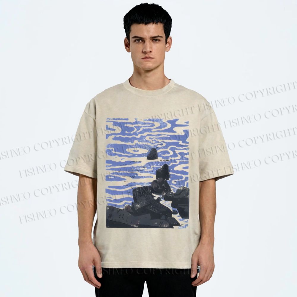 Unisex Sea Wave Printed Washed Tee