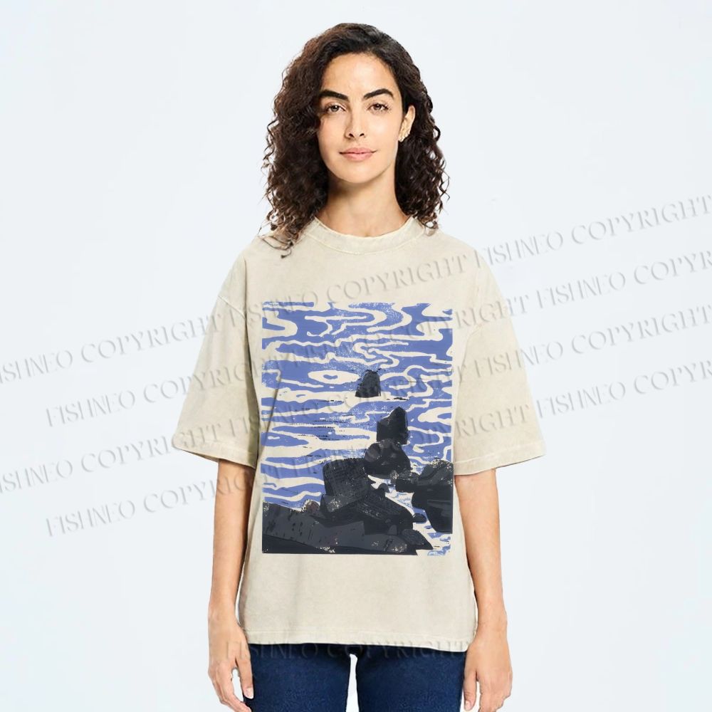 Unisex Sea Wave Printed Washed Tee