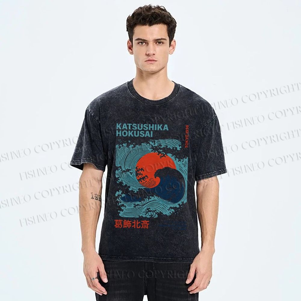 Unisex Katsushika Hokusai Japanese Wave Printed Washed Tee