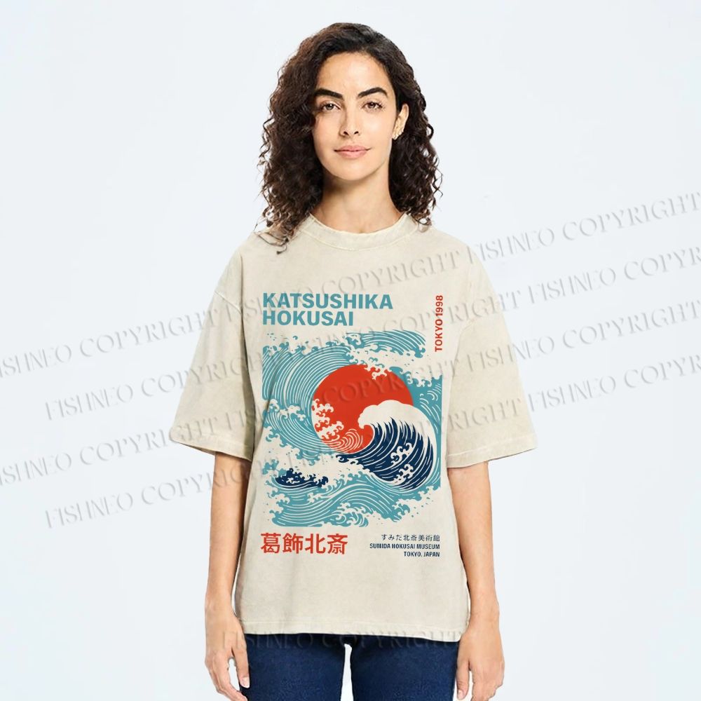 Unisex Katsushika Hokusai Japanese Wave Printed Washed Tee
