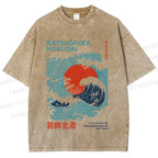 Unisex Katsushika Hokusai Japanese Wave Printed Washed Tee