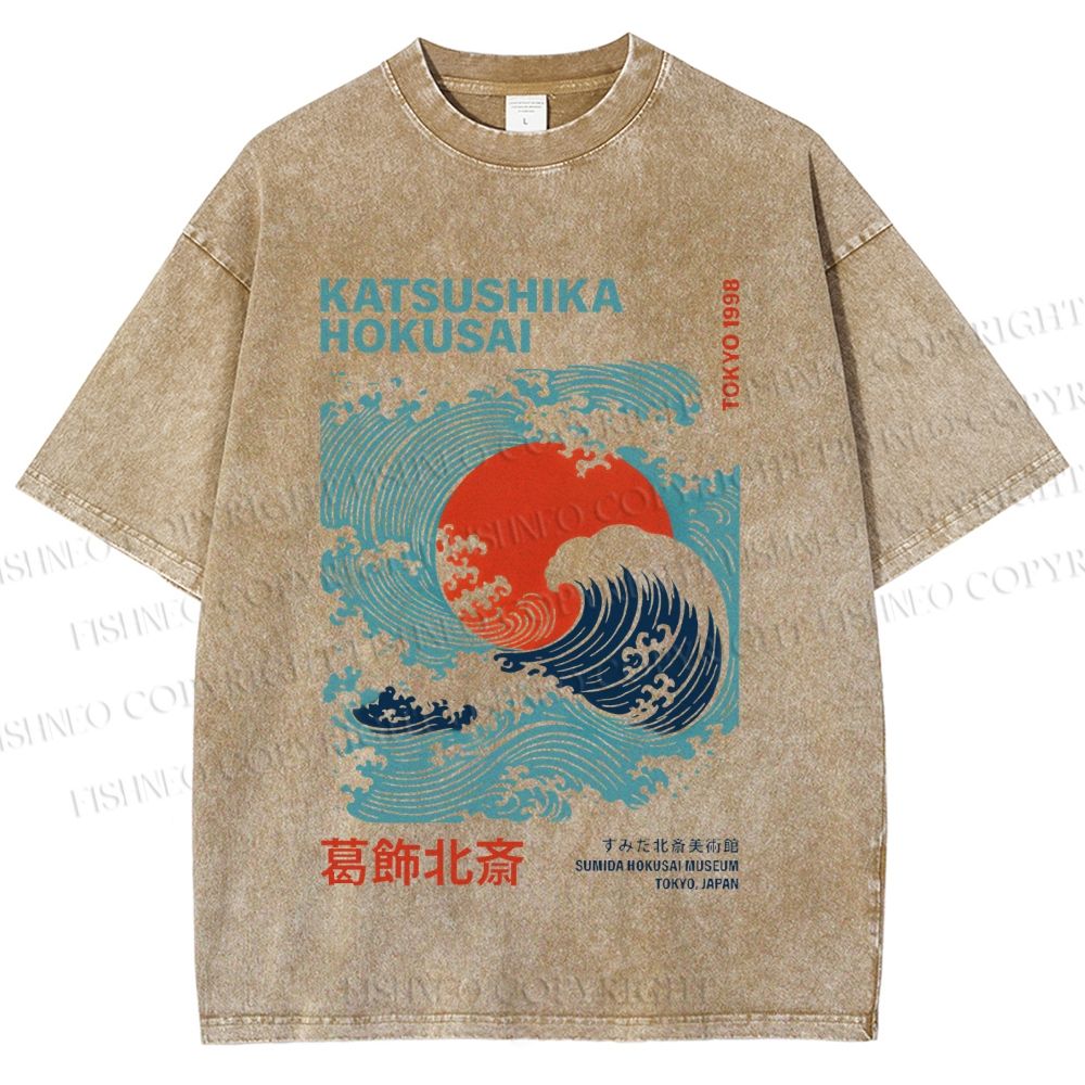 Unisex Katsushika Hokusai Japanese Wave Printed Washed Tee