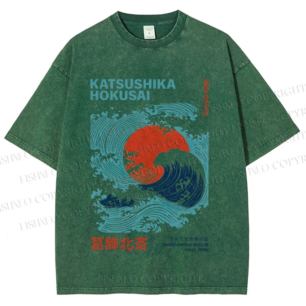 Unisex Katsushika Hokusai Japanese Wave Printed Washed Tee
