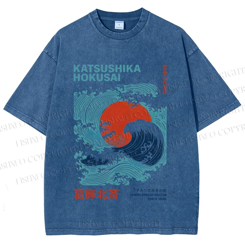 Unisex Katsushika Hokusai Japanese Wave Printed Washed Tee