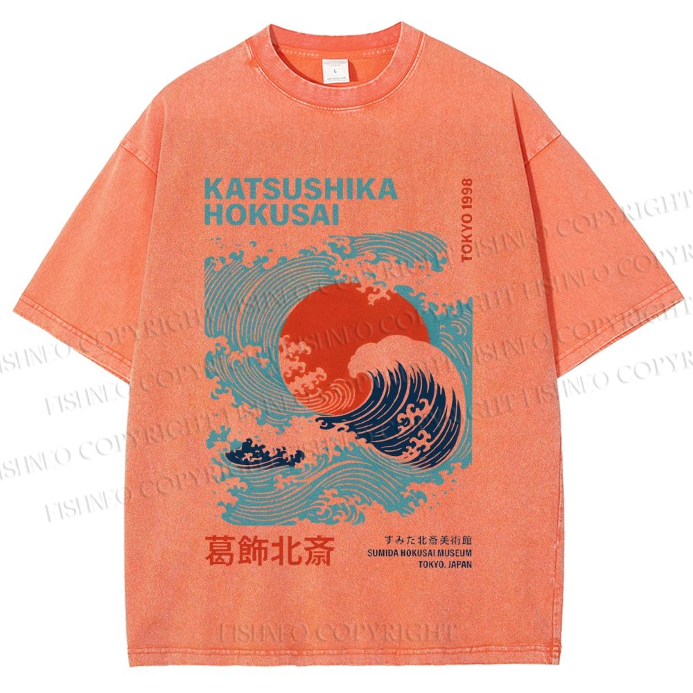 Unisex Katsushika Hokusai Japanese Wave Printed Washed Tee