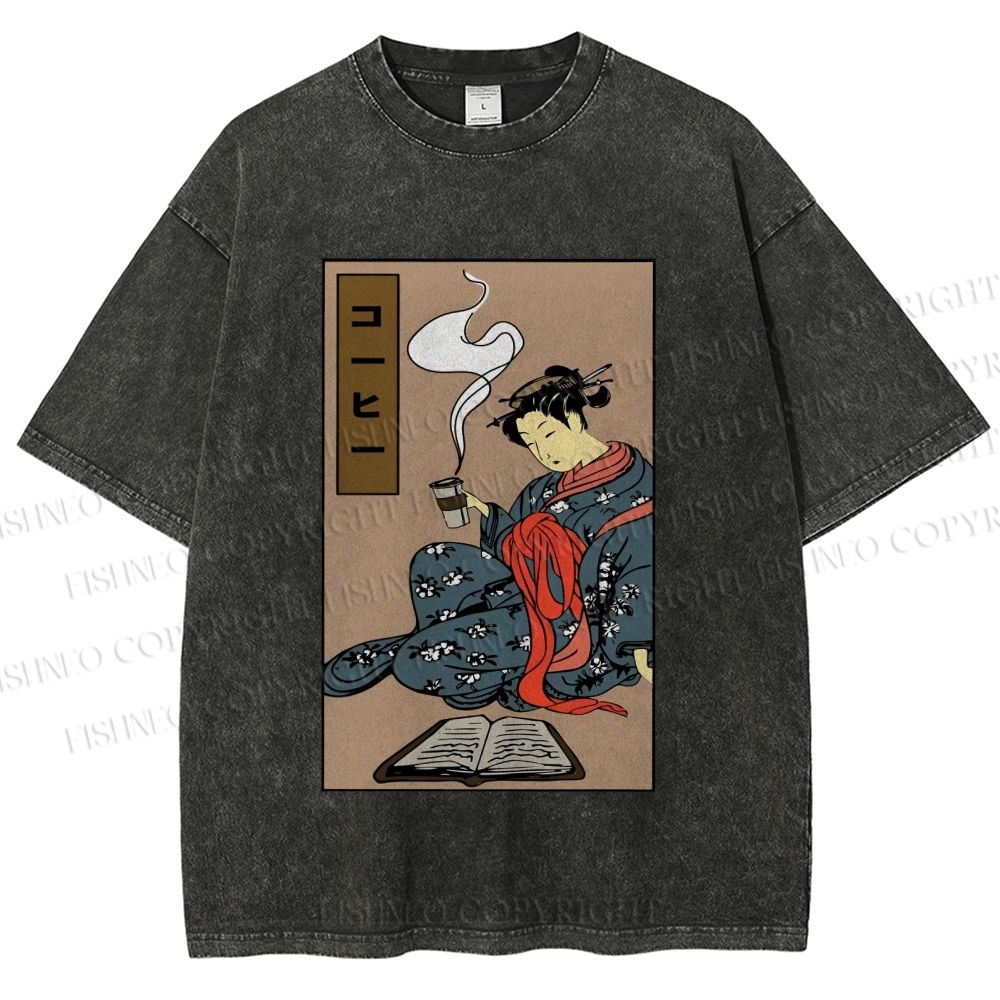 Unisex Vintage Japanese Samurai Printed Washed Tee