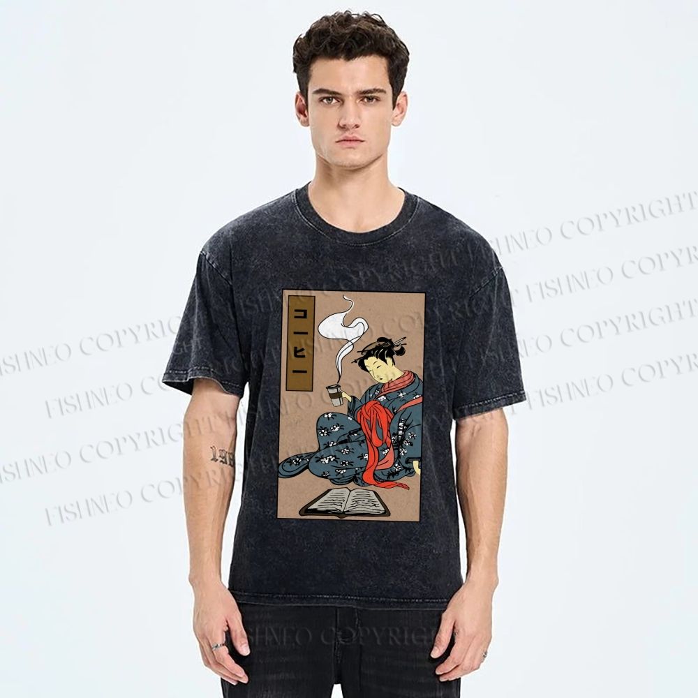 Unisex Vintage Japanese Samurai Printed Washed Tee