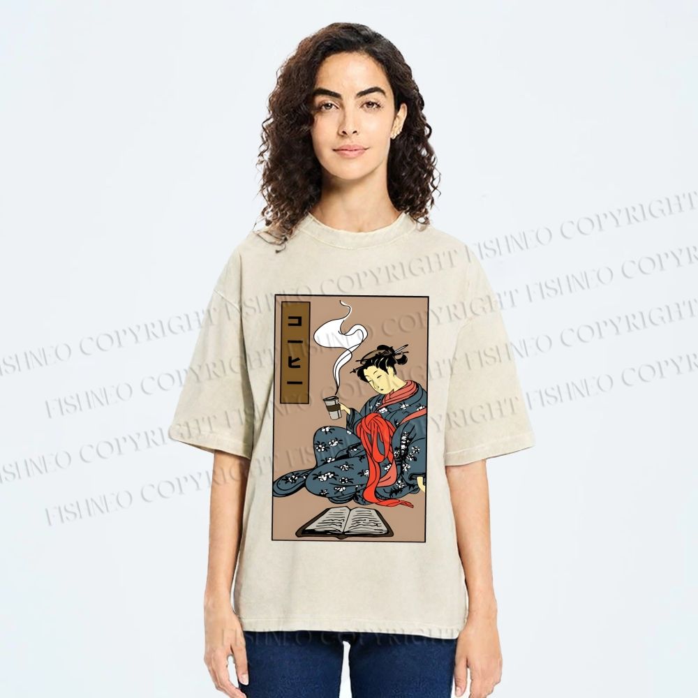 Unisex Vintage Japanese Samurai Printed Washed Tee