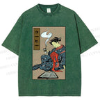 Unisex Vintage Japanese Samurai Printed Washed Tee