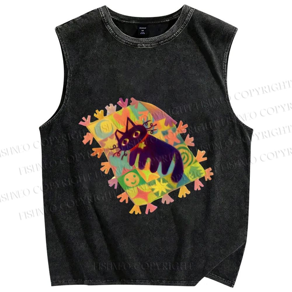 Unisex Black Cat on Magic Blanket Printed Washed Tank Top