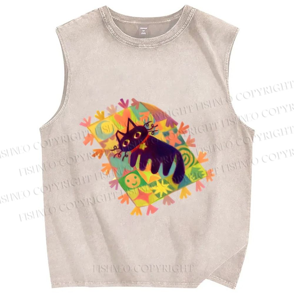 Unisex Black Cat on Magic Blanket Printed Washed Tank Top