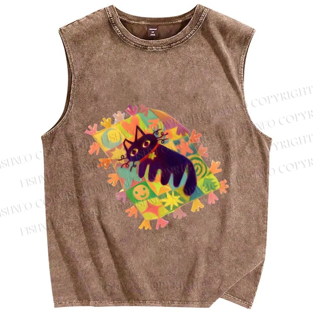 Unisex Black Cat on Magic Blanket Printed Washed Tank Top