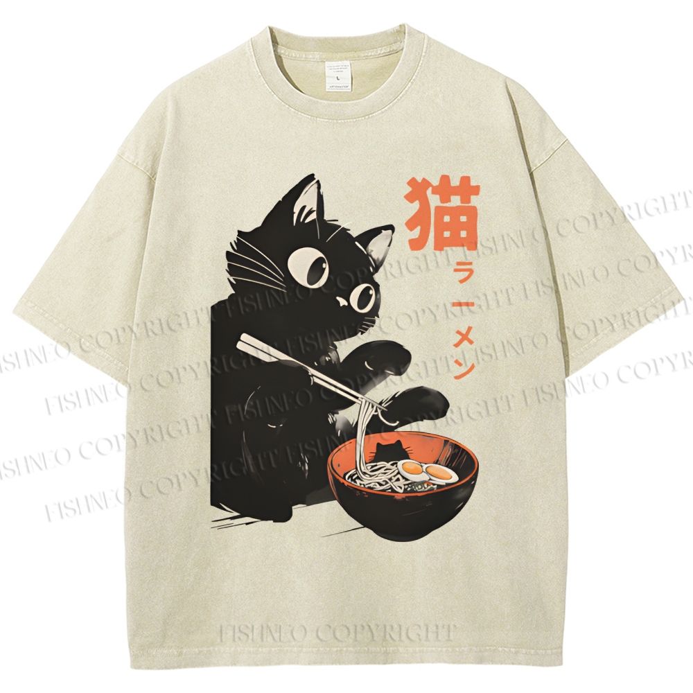 Unisex Black Cat Eating Ramen Printed Washed Tee