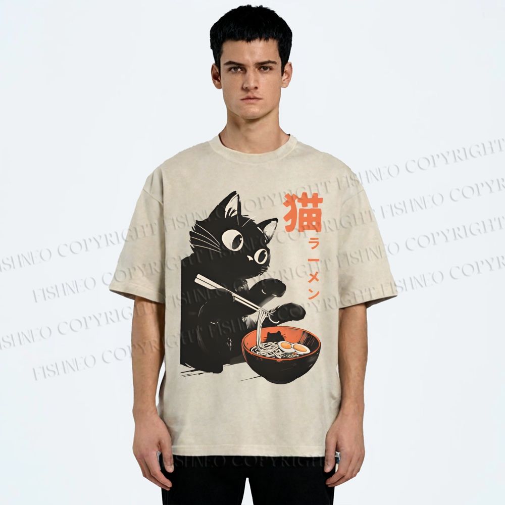 Unisex Black Cat Eating Ramen Printed Washed Tee