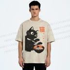 Unisex Black Cat Eating Ramen Printed Washed Tee