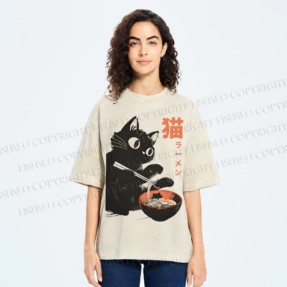 Unisex Black Cat Eating Ramen Printed Washed Tee