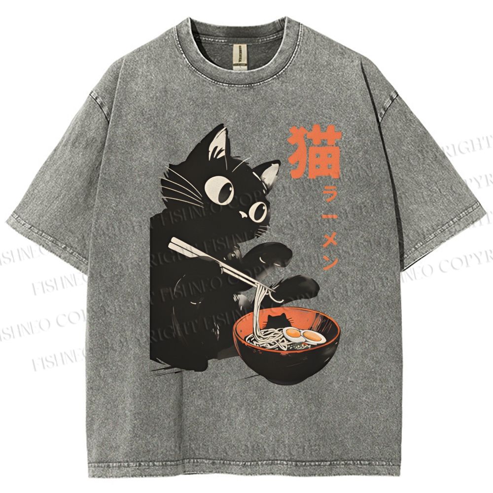 Unisex Black Cat Eating Ramen Printed Washed Tee