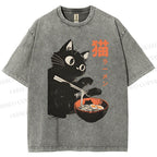 Unisex Black Cat Eating Ramen Printed Washed Tee