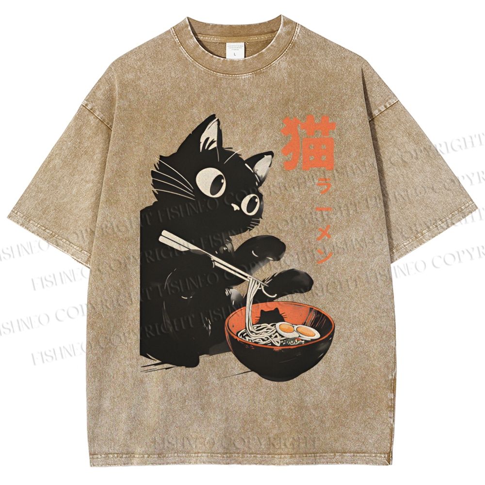 Unisex Black Cat Eating Ramen Printed Washed Tee