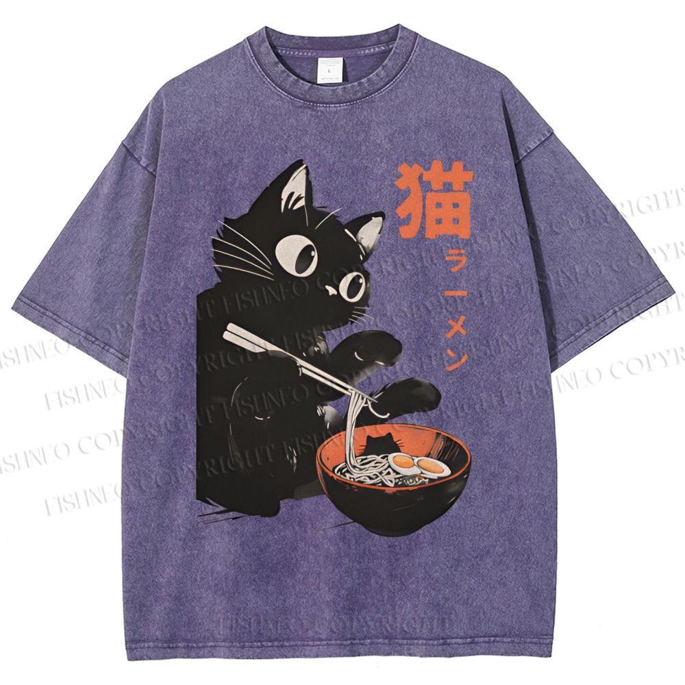 Unisex Black Cat Eating Ramen Printed Washed Tee
