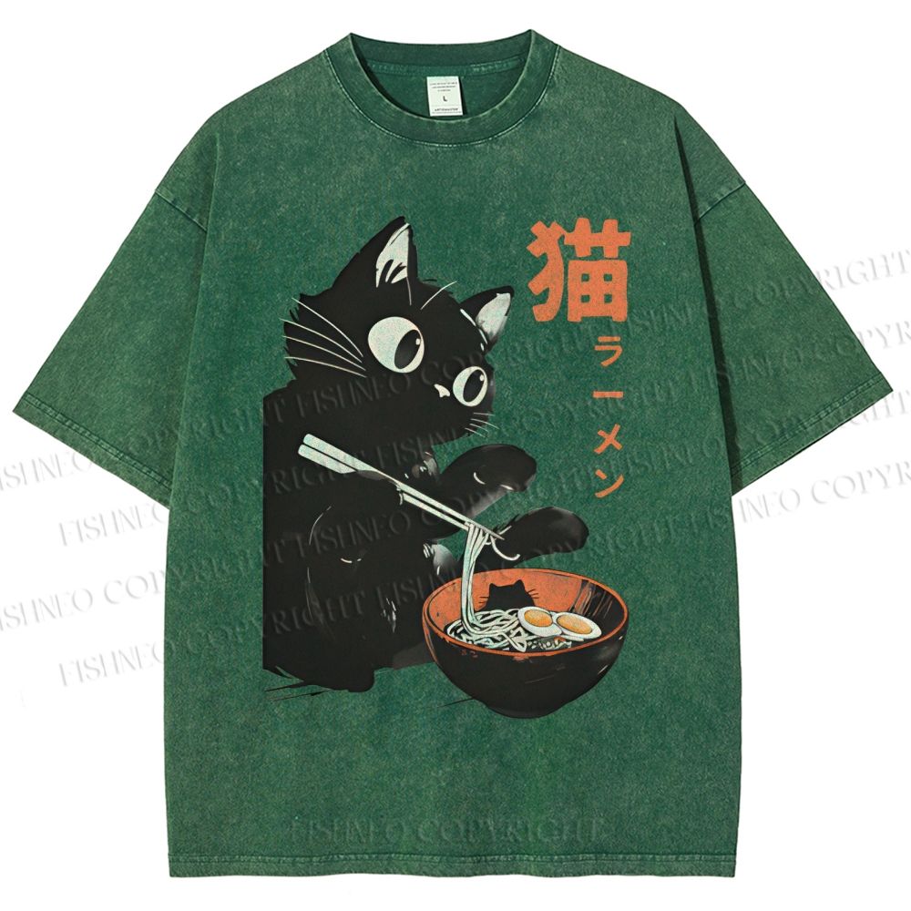 Unisex Black Cat Eating Ramen Printed Washed Tee