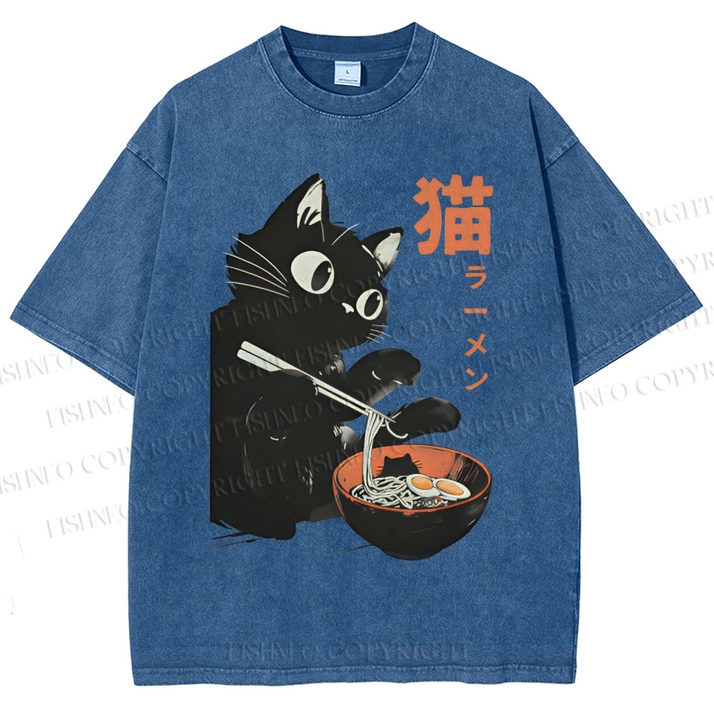 Unisex Black Cat Eating Ramen Printed Washed Tee