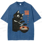 Unisex Black Cat Eating Ramen Printed Washed Tee
