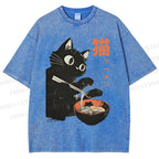 Unisex Black Cat Eating Ramen Printed Washed Tee