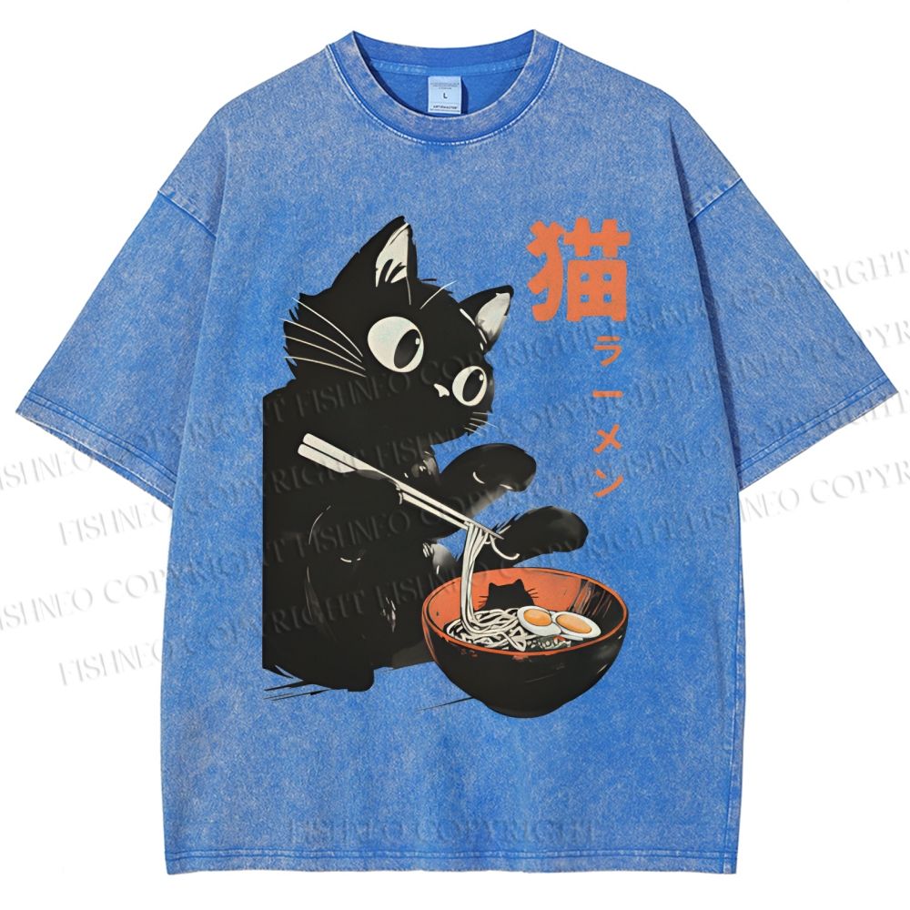 Unisex Black Cat Eating Ramen Printed Washed Tee