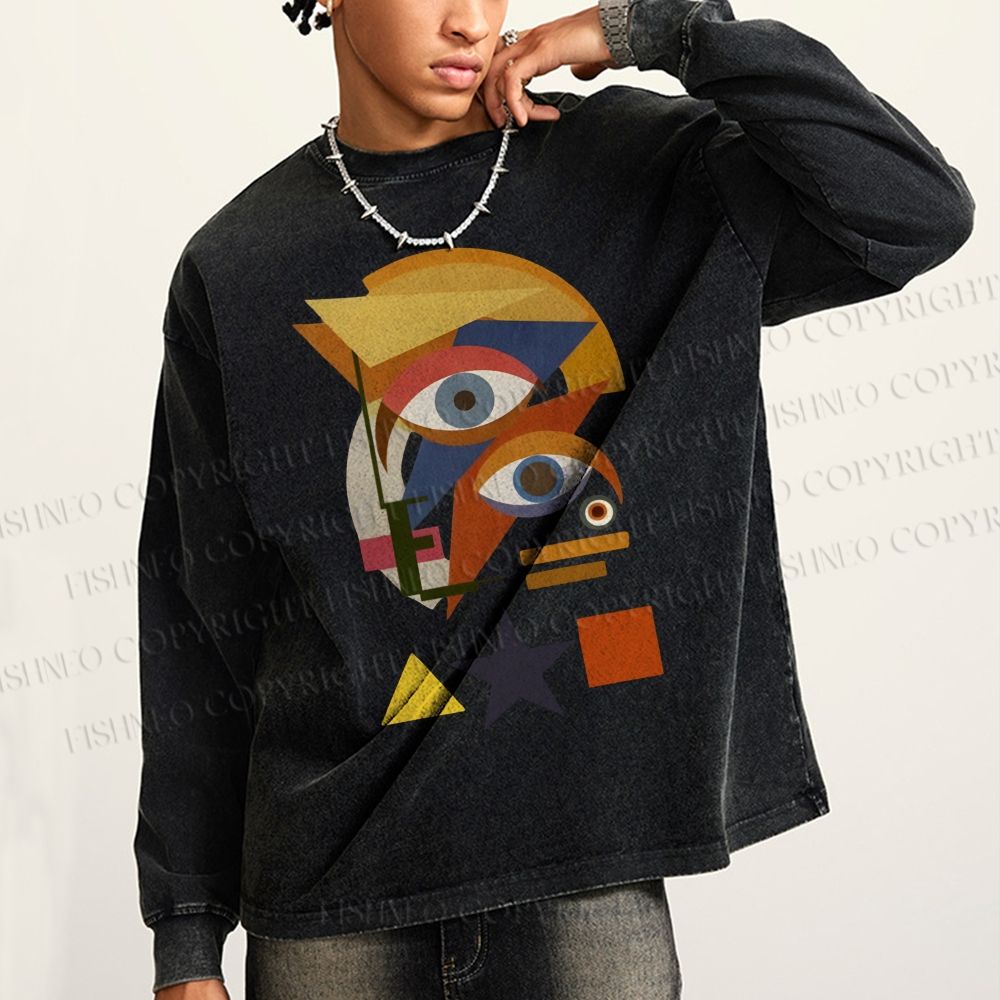 Unisex Casual Washed David Bowie Eye Graffiti Printed Long Sleeve T-shirt