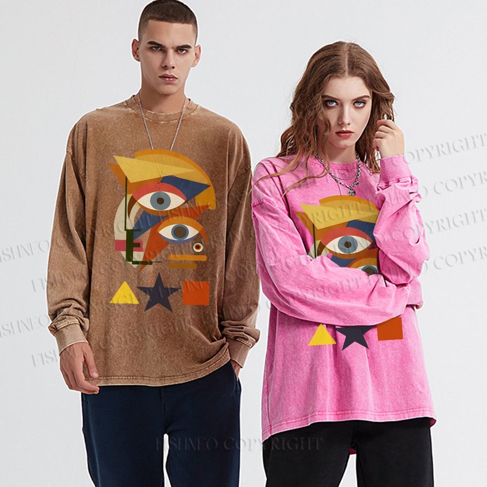 Unisex Casual Washed David Bowie Eye Graffiti Printed Long Sleeve T-shirt
