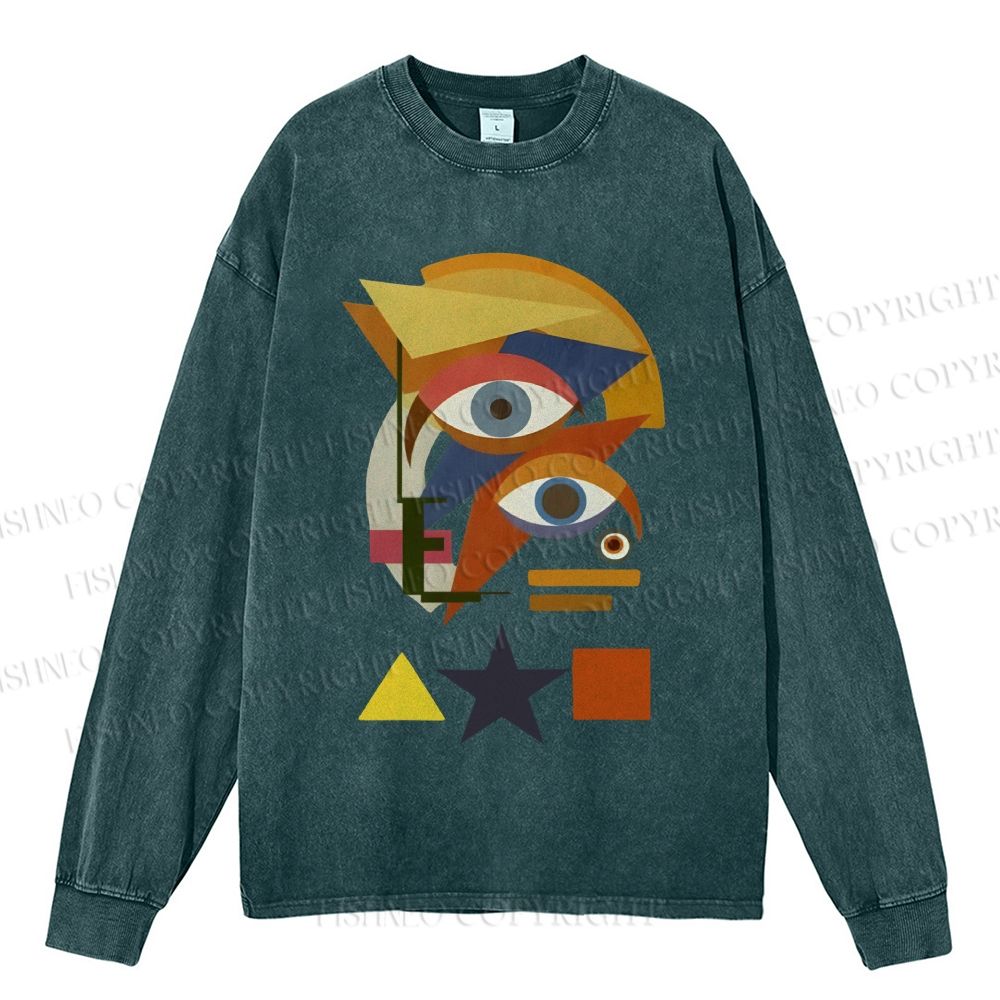 Unisex Casual Washed David Bowie Eye Graffiti Printed Long Sleeve T-shirt
