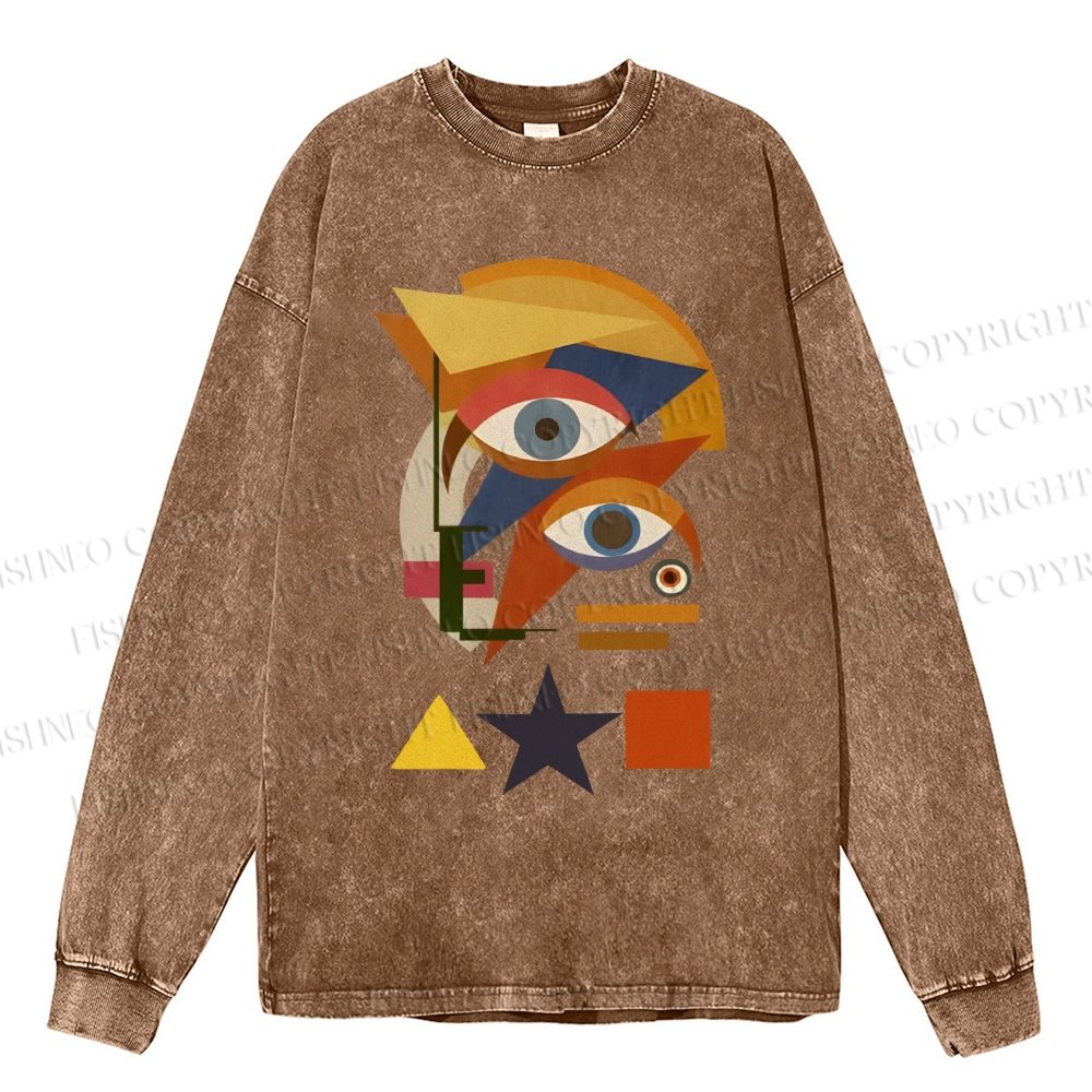 Unisex Casual Washed David Bowie Eye Graffiti Printed Long Sleeve T-shirt