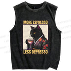 Unisex More Espresso Less Depresso Kimono Cat Printed Washed Tank Top