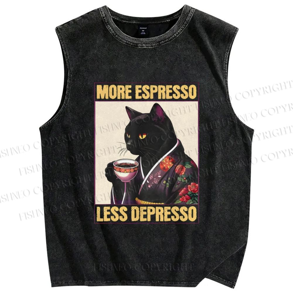 Unisex More Espresso Less Depresso Kimono Cat Printed Washed Tank Top