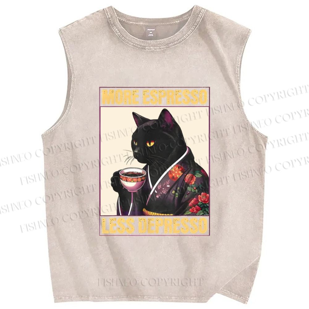 Unisex More Espresso Less Depresso Kimono Cat Printed Washed Tank Top