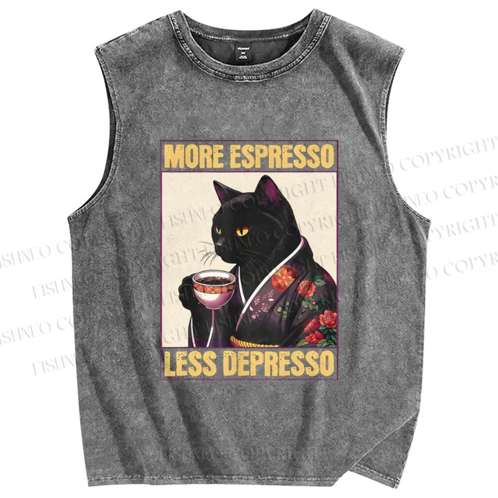 Unisex More Espresso Less Depresso Kimono Cat Printed Washed Tank Top