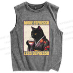 Unisex More Espresso Less Depresso Kimono Cat Printed Washed Tank Top
