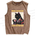 Unisex More Espresso Less Depresso Kimono Cat Printed Washed Tank Top