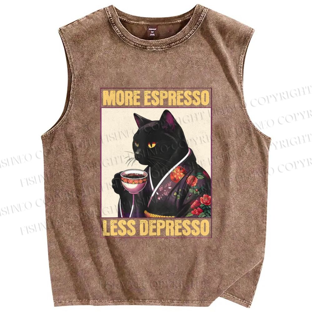 Unisex More Espresso Less Depresso Kimono Cat Printed Washed Tank Top