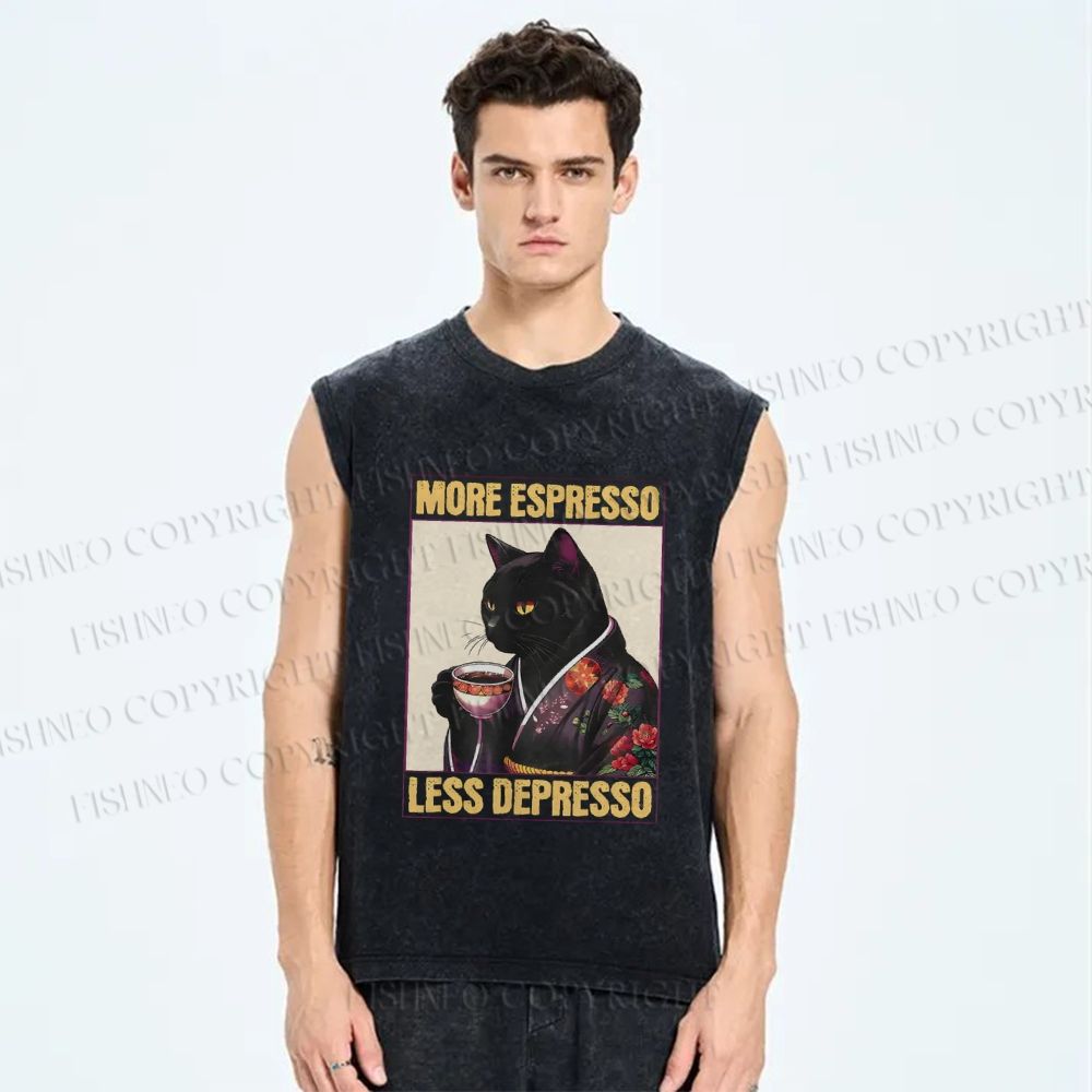 Unisex More Espresso Less Depresso Kimono Cat Printed Washed Tank Top