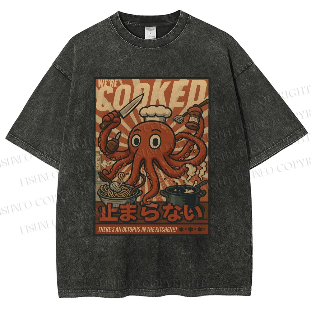 Unisex Japanese Cooking Octopus Printed Washed Tee