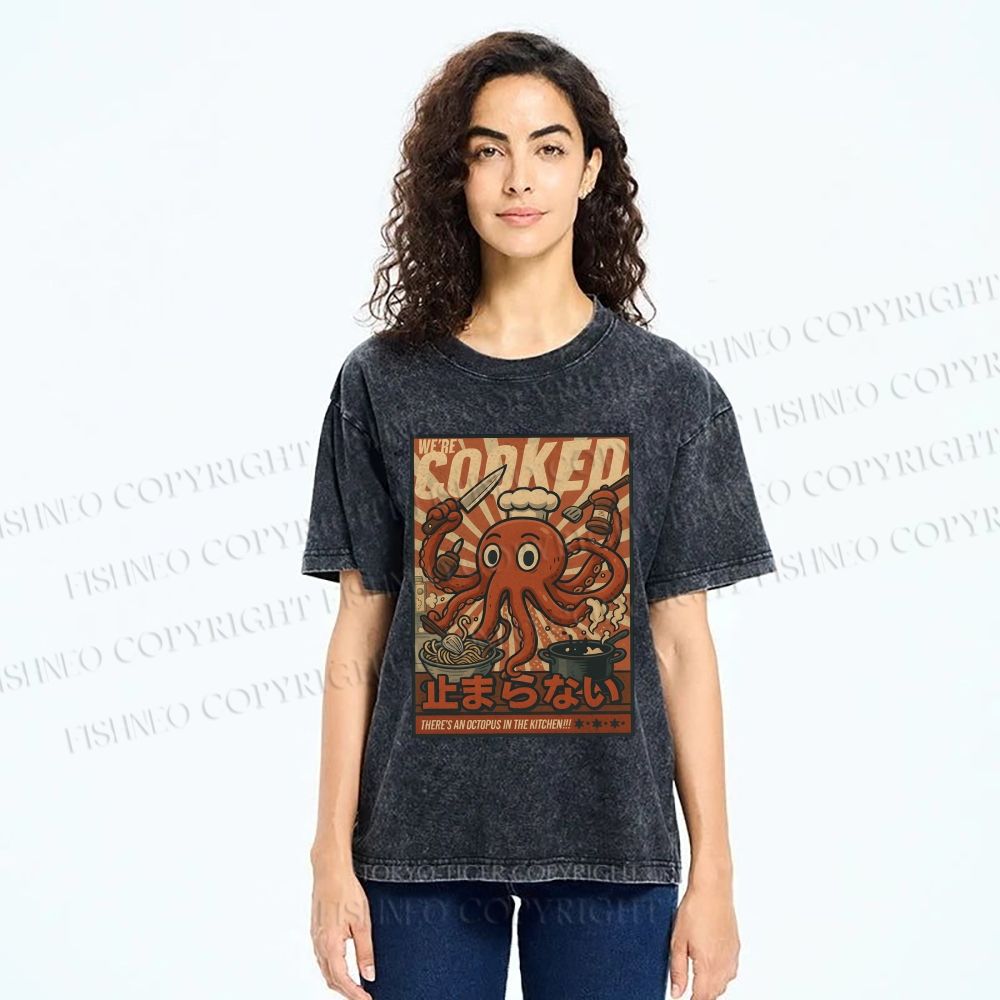 Unisex Japanese Cooking Octopus Printed Washed Tee