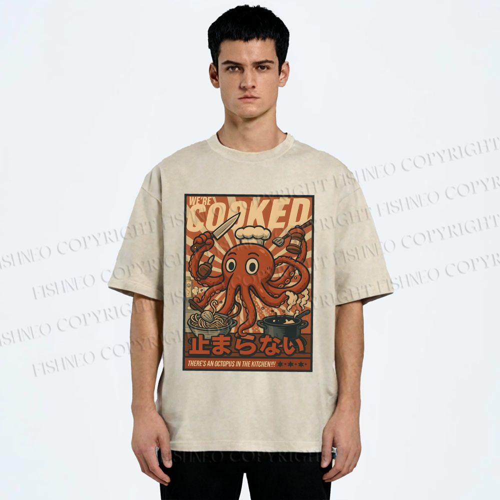 Unisex Japanese Cooking Octopus Printed Washed Tee